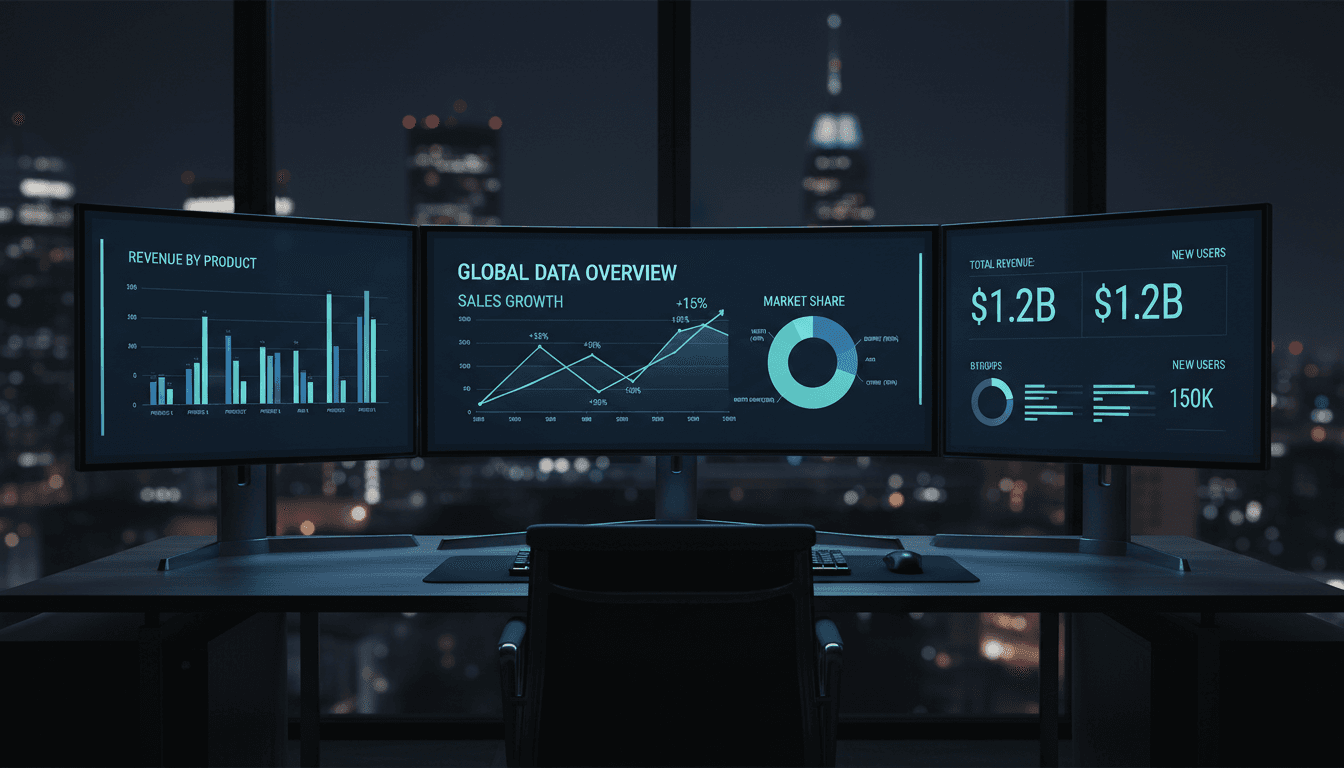 Modern analytics dashboard with charts and graphs on a screen in a dark office
